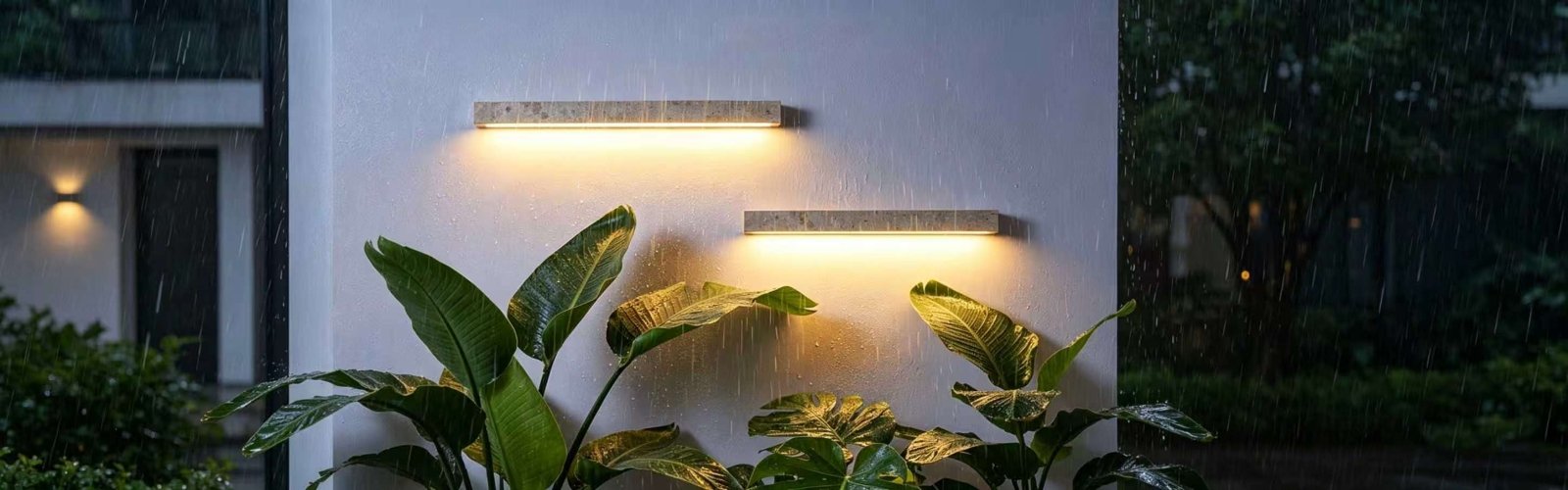 Waterproof outdoor wall lights (IP65) on an exterior wall in the rain, casting warm light over a garden entrance.