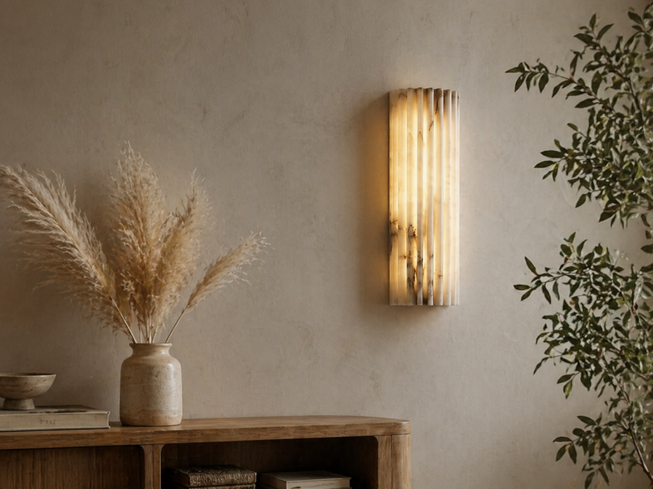 An alabaster wall sconce sits next to a natural-coloured wooden hall cabinet, its warm glow illuminating the entire entrance hall.