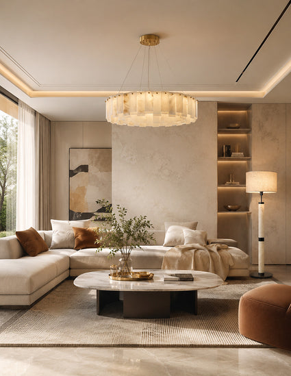 Elegant living room featuring a sculptural travertine floor lamp and a translucent alabaster pendant light.