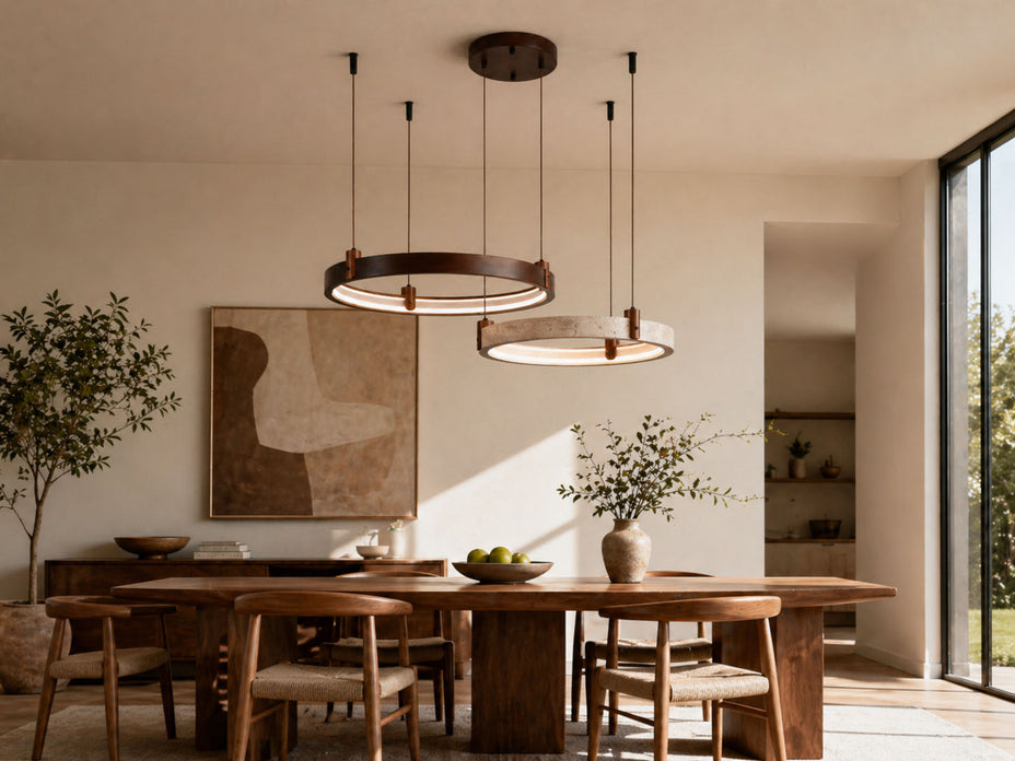A dining room pendant light featuring travertine stone and walnut wood, suspended above a wooden dining table measuring over two metres in length.