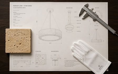 A detailed view showcasing the careful design and installation process of a natural stone lighting fixture by Glowstone Lamps.