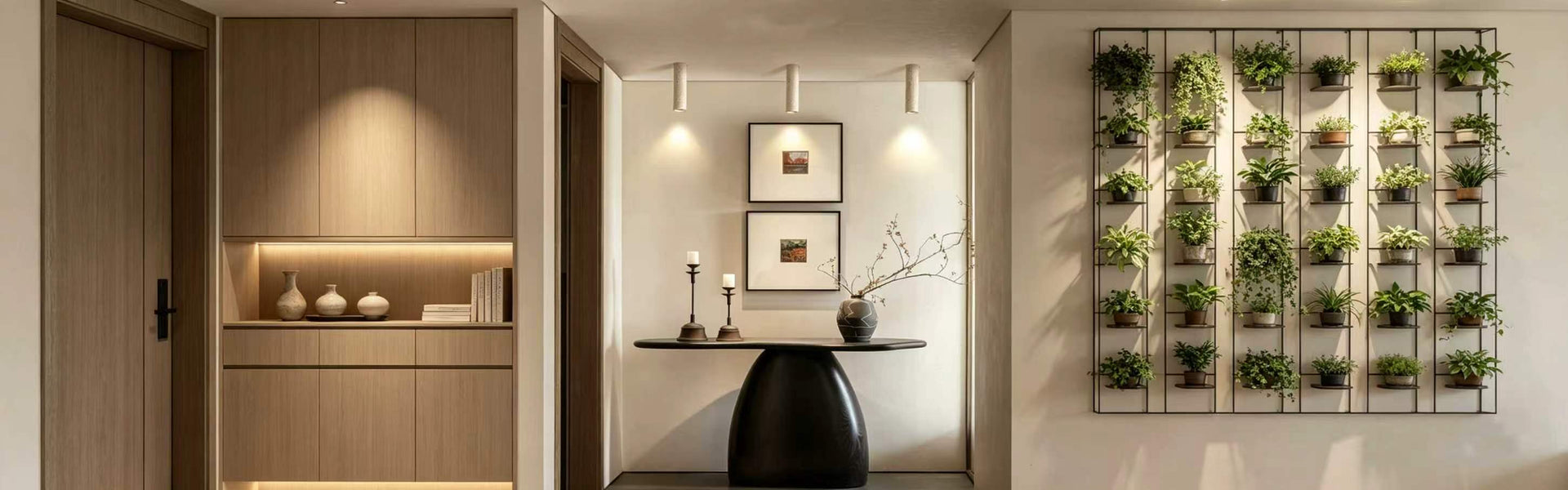 Hallway lighting with hallway ceiling lights, shown in a modern corridor/entryway scene with warm accent light and wall-wash spots.