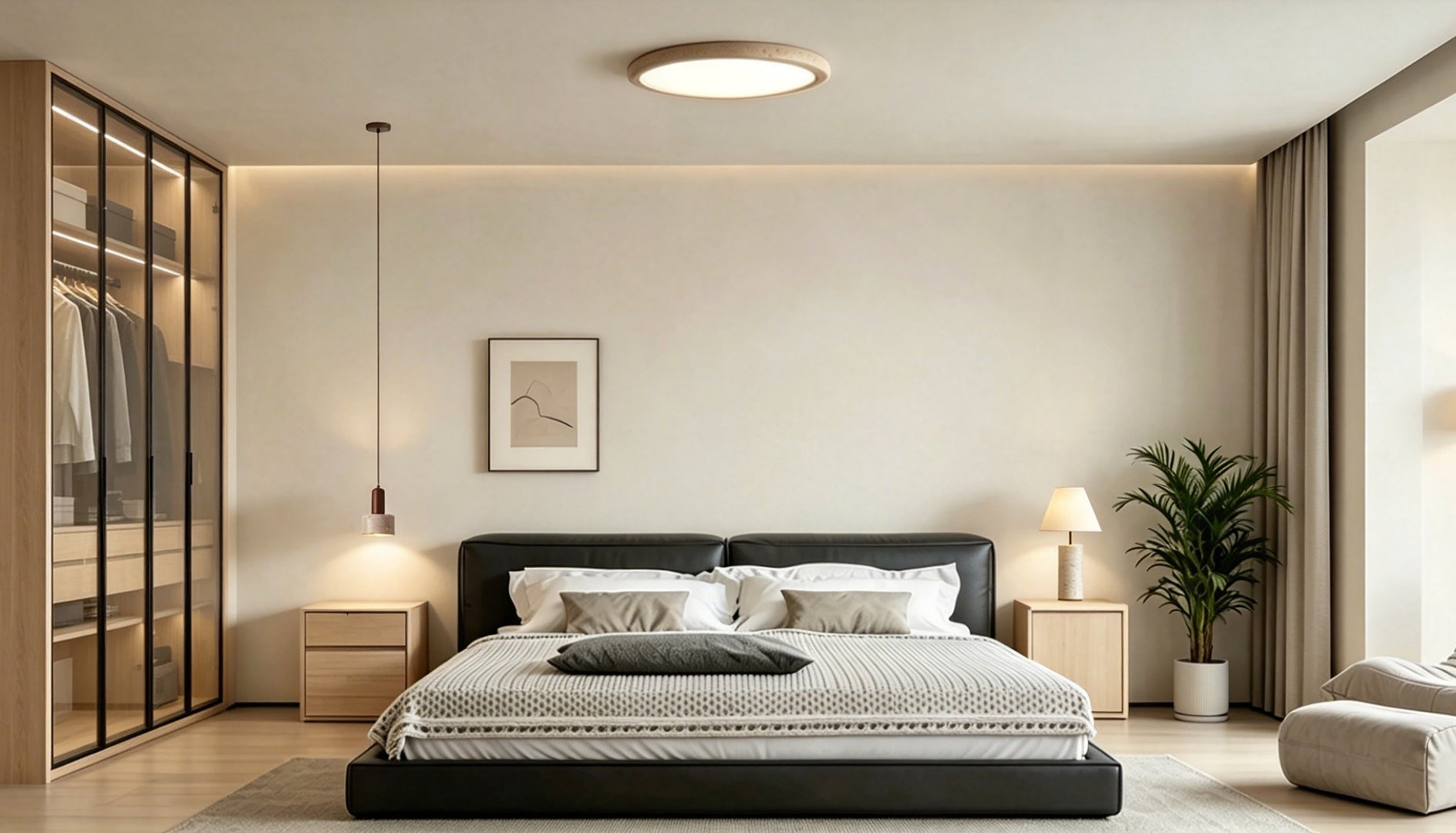 Modern bedroom ceiling lights above the bed and matching travertine bedside pendant lights in a minimalist room