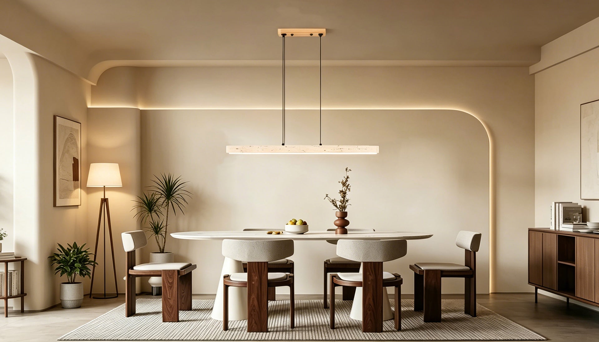 Modern travertine linear pendant light hanging over a dining room table