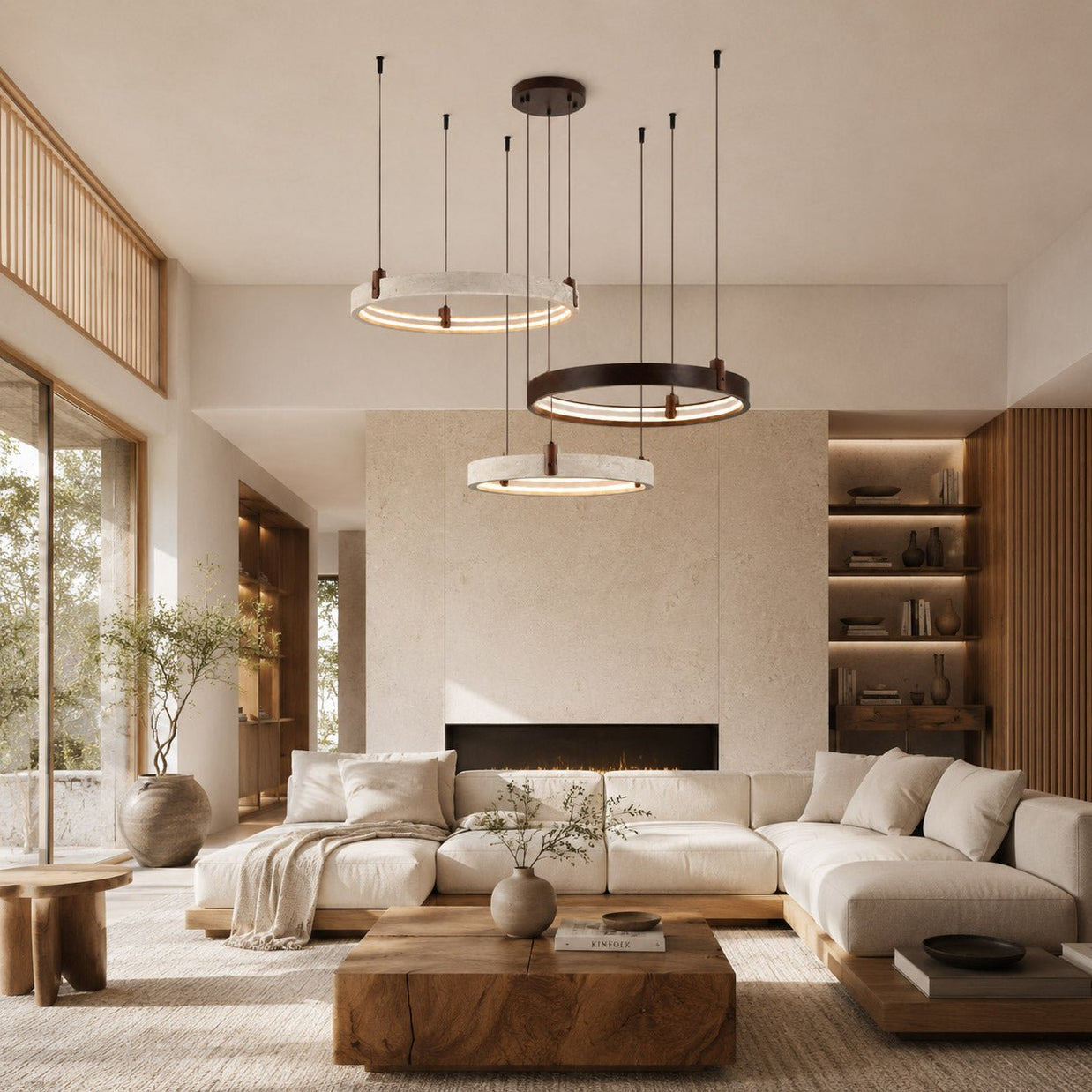 Travertine Three Rings Pendant Light – , All Travertine Small | GlowStone Lamps