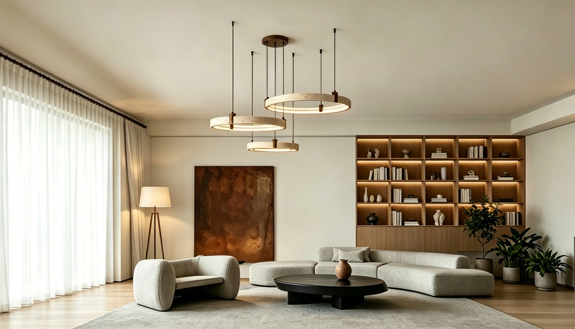Modern circular travertine pendant lamp serving as a Japandi living room light